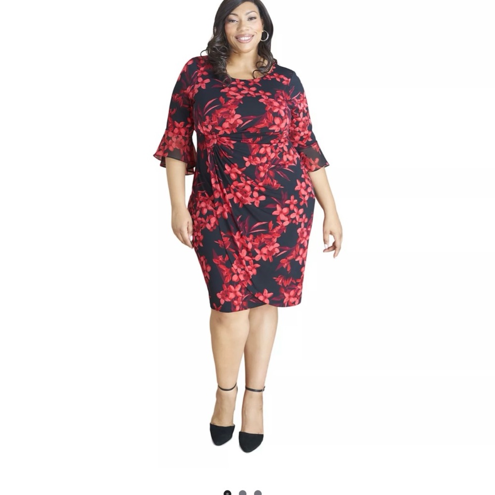 Connected Apparel Bell Sleeve Faux Wrap Floral Red and Black Dress